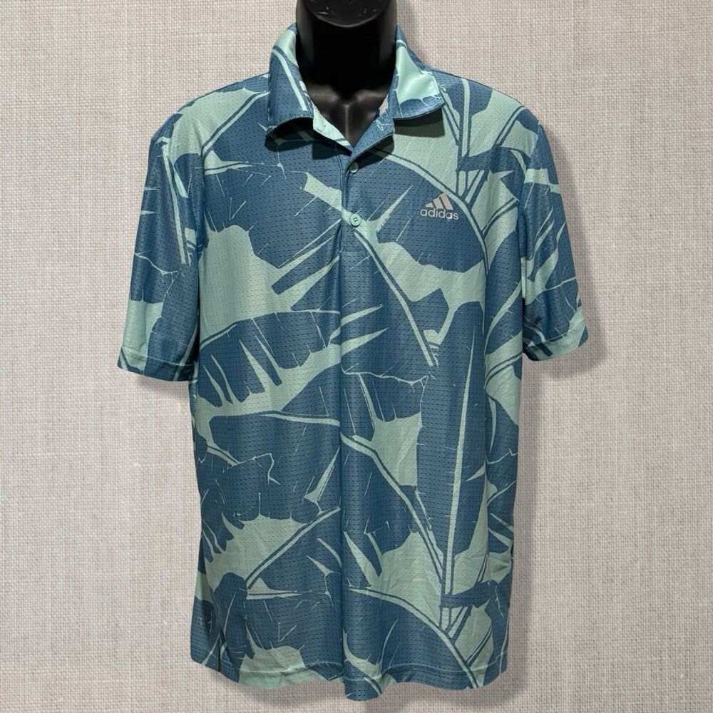 Adidas Golf Polo Mens Medium Tropical Leaf Mesh Performance Blue